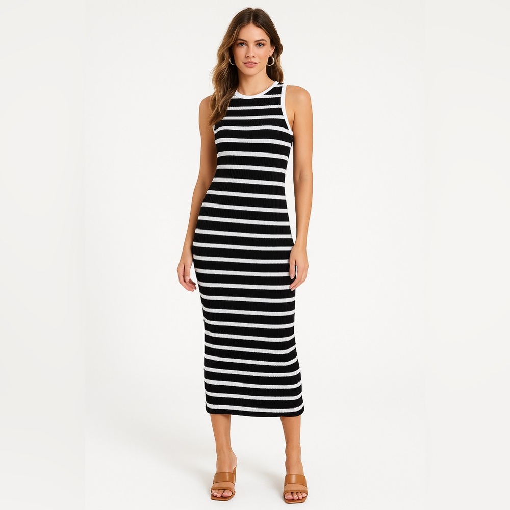 Textured Black and White Striped Midi Dress NWT